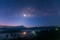 Panorama Nature landscape view of universe space of milky way galaxy and stars on sky at night Royalty Free Stock Photo