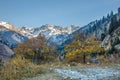 Panorama of nature mountains, snow and blue sky in Chimbulak Almaty, Kazakhstan