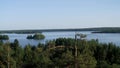 Panorama of nature. Small islands among the blue surface of the river.