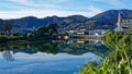 Panorama of Nelson City, reflected in the Maitai River, New Zealand