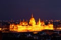 Floodlit Hungarian Parliament Building at dusk on Danube bank