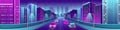 Panorama neon city with bright houses, flyovers, road and cars. Vector illustration Royalty Free Stock Photo