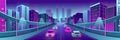 Panorama neon city with bright houses, flyovers, road and cars. Vector illustration Royalty Free Stock Photo