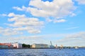 Panorama of Neva river on the background of the Kunstkamera, Rostral column and the Peter and Paul fortress in summer