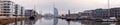 Panorama of the New Port in Bremerhaven with a view of the buildings, the marina, the hotel and the climate house