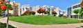 Panorama of a new residential area with modern houses and a large landscaping of the territory of the city of Holon in Israel