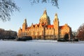 Panorama of the New town hall Rathaus and masch park in winter sunset in Hannover. There is frozen lake