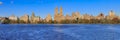 Panorama of New York Manhattan Upper west side skyline across the Jacqueline Kennedy Onassis Reservoir in Central Park Royalty Free Stock Photo