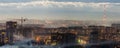 Panorama of night aerial view of Ivano-Frankivsk city, Ukraine. Scene of modern night city with bright lights of tall buildings. R Royalty Free Stock Photo