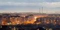 Panorama of night aerial view of Ivano-Frankivsk city, Ukraine. Scene of modern night city with bright lights of tall buildings. R