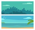 Panorama night city, and sunset sea. Vector flat horizontal color illustration.