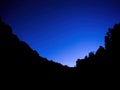 Scenic night sky panorama view with trees silhouettes.