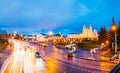 Panorama With Night Traffic On Illuninated Street And Cathedral Of Holy Spirit In Minsk. Famous And Main Orthodox Church