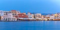 Panorama of night Venetian quay, Chania, Crete Royalty Free Stock Photo