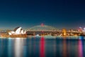 Sydney Harbour Bridge at night and CBD buildings on the foreshore in NSW Australia