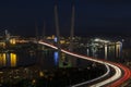 Panorama of night Vladivostok. Golden bridge. Russia Royalty Free Stock Photo