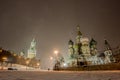 Panorama night winter view of Red Square in snow at Moscow Royalty Free Stock Photo