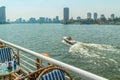 Panorama of the Nile River, view of the Cairo city bridges buildings and pyramids