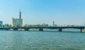 Panorama of the Nile River, view of the Cairo city bridges buildings and pyramids Royalty Free Stock Photo