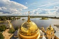 Panorama of the Nilo-Stolobensky desert in the Tver region on the background of lake Seliger with the dome of the Epiphany Cathedr Royalty Free Stock Photo