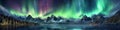 panorama with northern lights in night starry sky against background of mountains and lakes. Generative AI illustration Royalty Free Stock Photo
