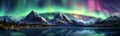 panorama with northern lights in night starry sky against background of mountains and lakes. Generative AI illustration Royalty Free Stock Photo