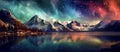 panorama with northern lights in night starry sky against background of mountains and lakes. Generative AI illustration Royalty Free Stock Photo