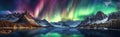 panorama with northern lights in night starry sky against background of mountains and lakes. Generative AI illustration Royalty Free Stock Photo