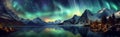 panorama with northern lights in night starry sky against background of mountains and lakes. Generative AI illustration Royalty Free Stock Photo