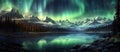 panorama with northern lights in night starry sky against background of mountains and lakes. Generative AI illustration Royalty Free Stock Photo