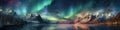 panorama with northern lights in night starry sky against background of mountains and lakes. Generative AI illustration Royalty Free Stock Photo