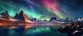 panorama with northern lights in night starry sky against background of mountains and lakes. Generative AI illustration Royalty Free Stock Photo