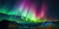 Panorama of the northern lights over snow-capped mountains, amazing landscape, fairy tale