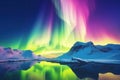 Panorama of the northern lights over snow-capped mountains, amazing landscape, fairy tale