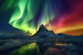 Panorama of the northern lights over snow-capped mountains, amazing landscape, fairy tale