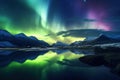 Panorama of the northern lights over snow-capped mountains, amazing landscape, fairy tale