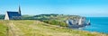 Panorama of Notre Dame de la Garde chapel and the cliff of Etretat Normandy, France Royalty Free Stock Photo