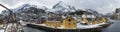 Panorama of Nusfjord fishing harbor in the winter time on the Lo