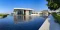 Panorama of the Oberoi Beach Luxury Resort with water features and contemporary architecture in Al Zorah, Ajman, UAE.