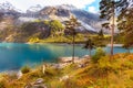 Panorama of Oeschinensee lake and Alps, Switzerland.