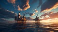 Panorama Offshore Jack Up Rig in The Middle of The Sea at Sunset. Generative ai