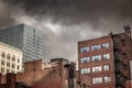 Panorama of Old brick buildings, American architecure, and modern business glass skyscrapers standing in downtown Montreal, the Royalty Free Stock Photo