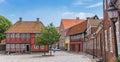 Panorama of old buildings at the matket square of Ribe Royalty Free Stock Photo