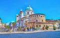 Panorama of Old Cathedral, New Cathedral portal and Piazza Paolo VI, Brescia, Italy