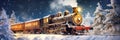 Panorama of an old christmas steam locomotive driving at night through a dreamlike snowy landscape at christmas time