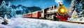 Panorama of an old christmas steam locomotive driving at night through a dreamlike snowy landscape at christmas time Royalty Free Stock Photo