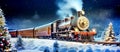 Panorama of an old christmas steam locomotive driving at night through a dreamlike snowy landscape at christmas time Royalty Free Stock Photo