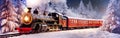 Panorama of an old christmas steam locomotive driving at night through a dreamlike snowy landscape at christmas time