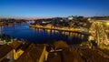 Panorama old city Porto at river Duoro,with Port transporting boats after sunset day to night timelapse, Oporto Royalty Free Stock Photo