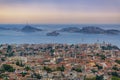 Panorama of old Marseille city, famous If castle and Frioul islands Royalty Free Stock Photo